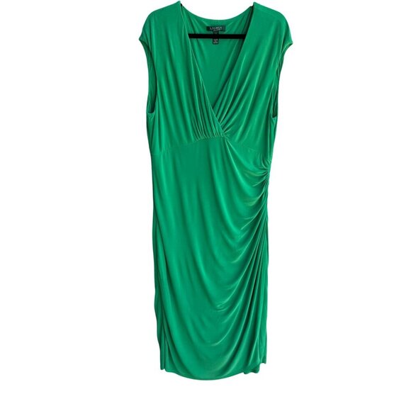 Lauren Ralph Lauren Womens Green Deep V Neck Draped Side Ruched Midi Dress 14 - Picture 1 of 12